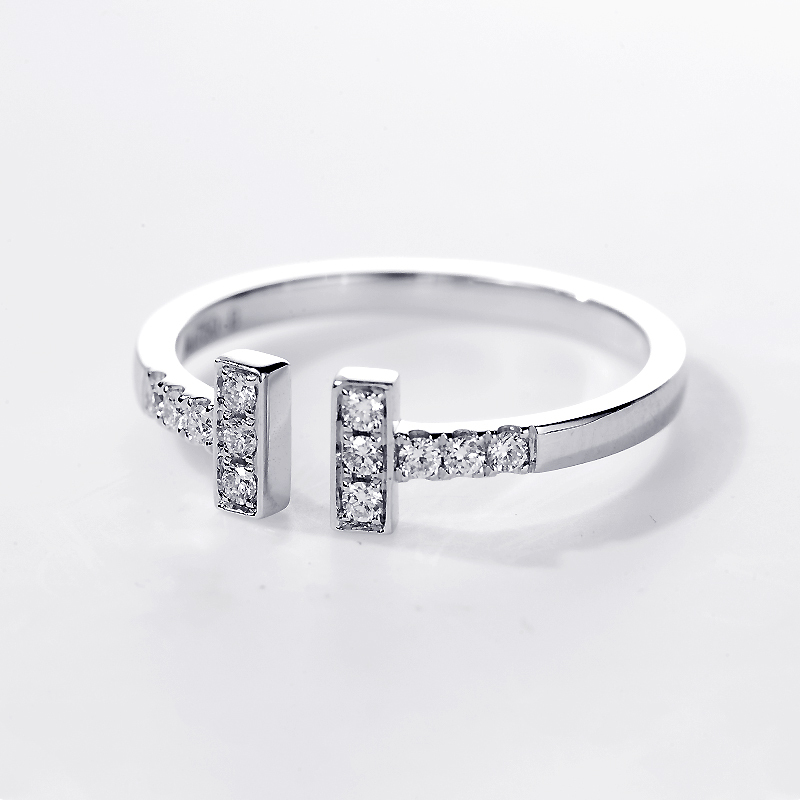 Double T Shape Quarter Pave Open Lab Diamond Wedding Ring in White Gold