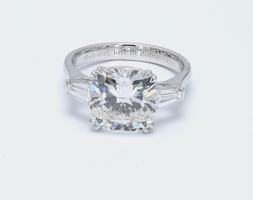 Eternity Cushion Cut Stone With 2 Trapezoid Side Stone Engravable Engagement Ring

