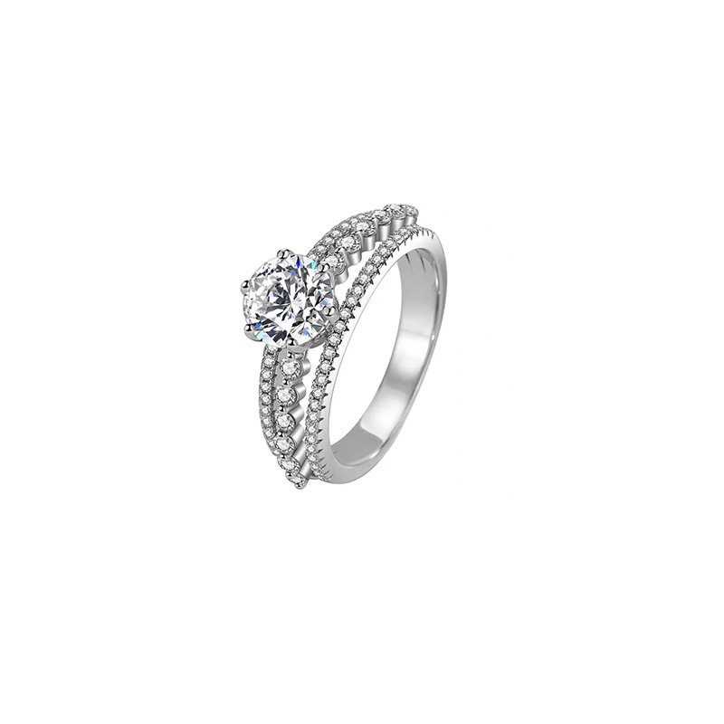 Claw-set solitaire diamond ring with double-row full pavé band