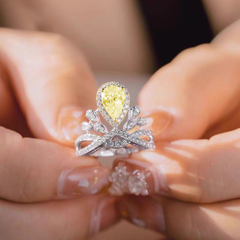 Pear-cut lab-grown diamond ring with a crown design