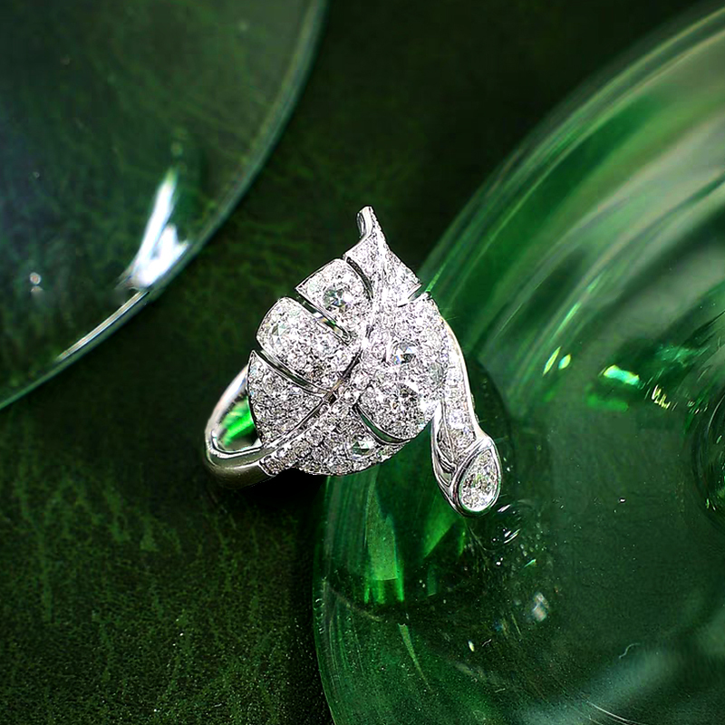 Fully Diamond-Set Leaf-Inspired Halo Lab-Grown Diamond Ring