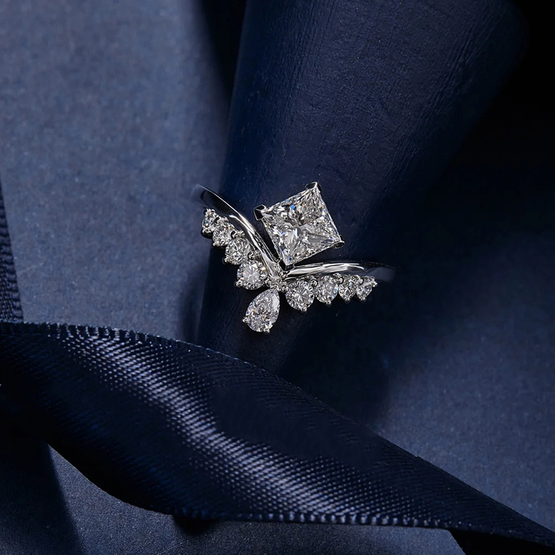 Princess-Cut Lab-Grown Diamond Ring with a Crown Design