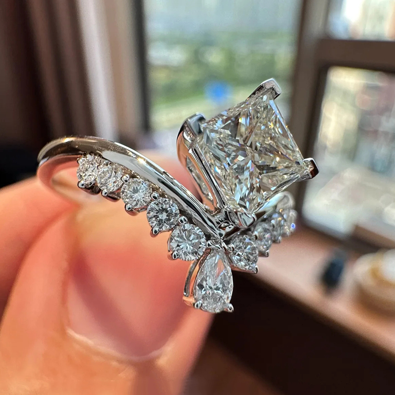 Princess-Cut Lab-Grown Diamond Ring with a Crown Design