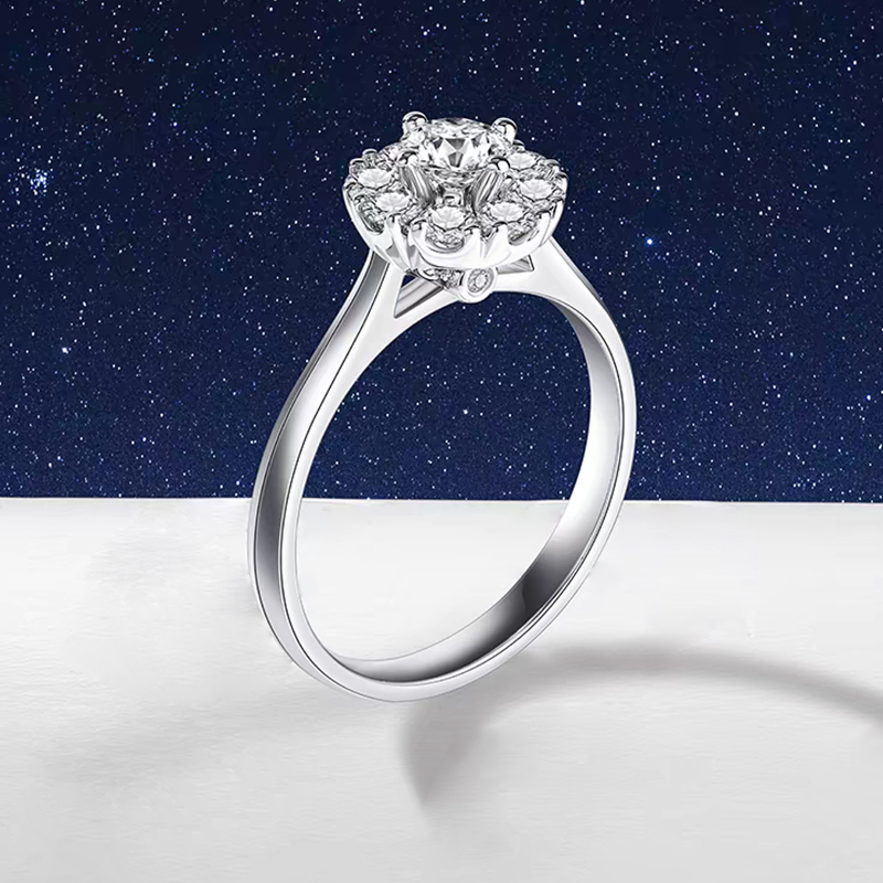 Round-Cut Halo-Set Plain-Band Lab-Grown Diamond Ring