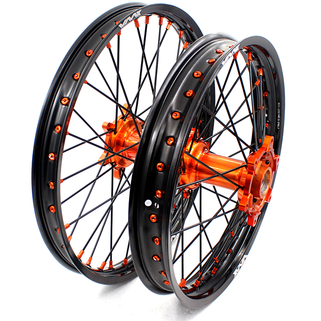VMX 21/18 Enduro Casting Racing Wheel Set Compatible with KTM EXC 250 530 2003-2023 Orange Nipple Black spoke