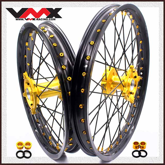VMX 21/19 Wheels Set Fit SUZUKI RMZ250 RMZ450 Gold Nipple Black Spoke