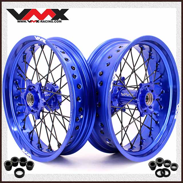 Fit 2014-2026 HUSQVARNA TE TC FE FC --VMX 3.5/5.0 Supermoto Wheels CNC Blue Hubs & Rims / Black Spokes & Nuts