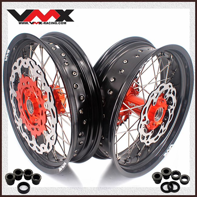 VMX 3.5 5.0 Motorcycle Supermoto Wheels Rims Set Fit KTM SX EXC 250 450 Orange Hub With Disc