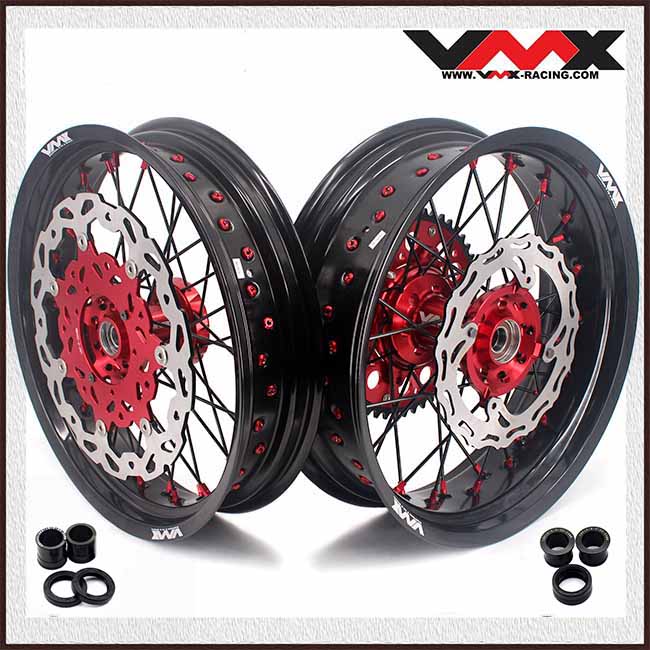 Fit HONDA 14- 2026 CRF250R /CRF450R 13-26 -- VMX 3.5/5.0 Motorcycle Supermoto Wheels CNC Red Hub Black Spoke New Stock
