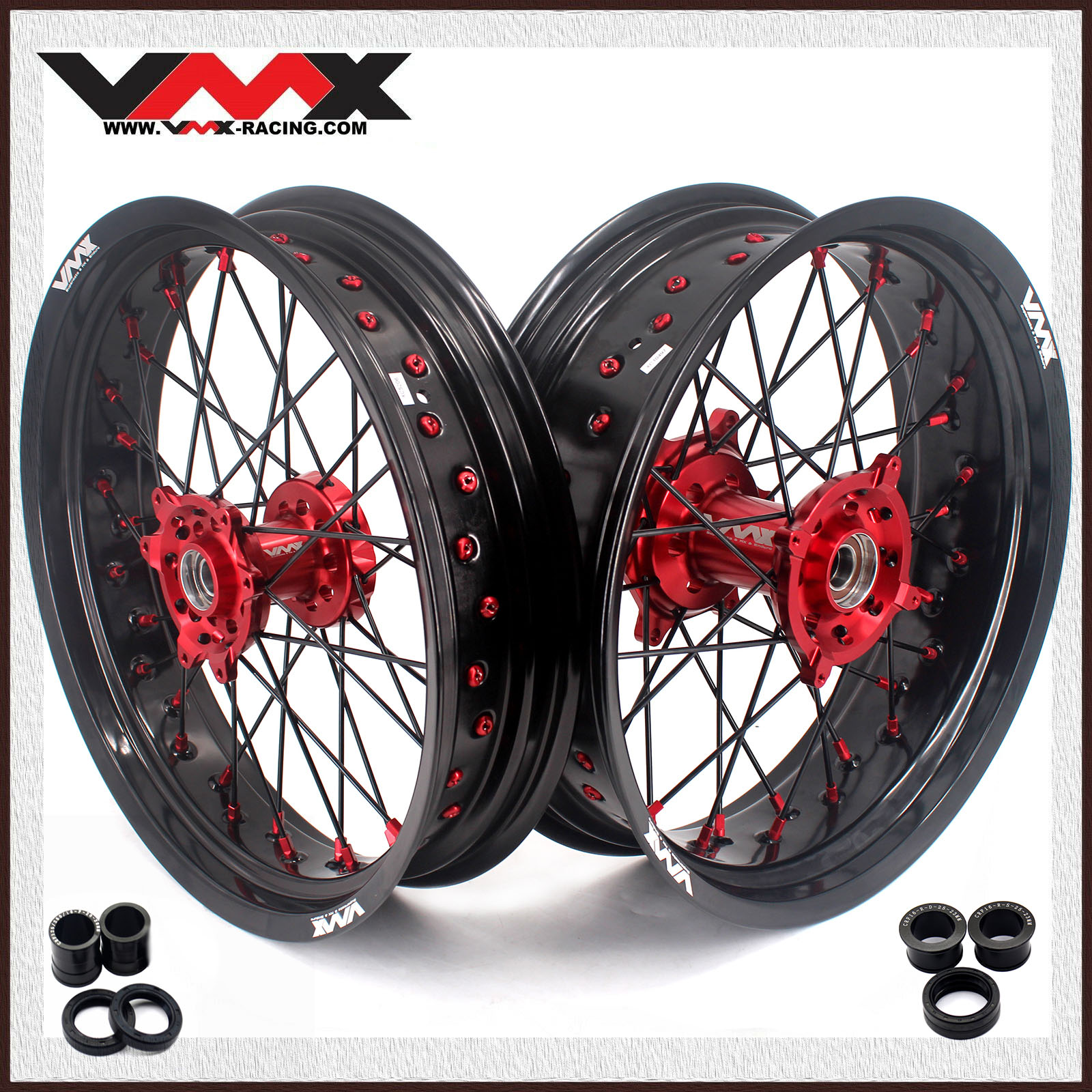 Fit HONDA 14-26 CRF250R /CRF450R 13-26 -- VMX 3.5/5.0 Motorcycle Supermoto Wheels CNC Red Hub Black Spoke