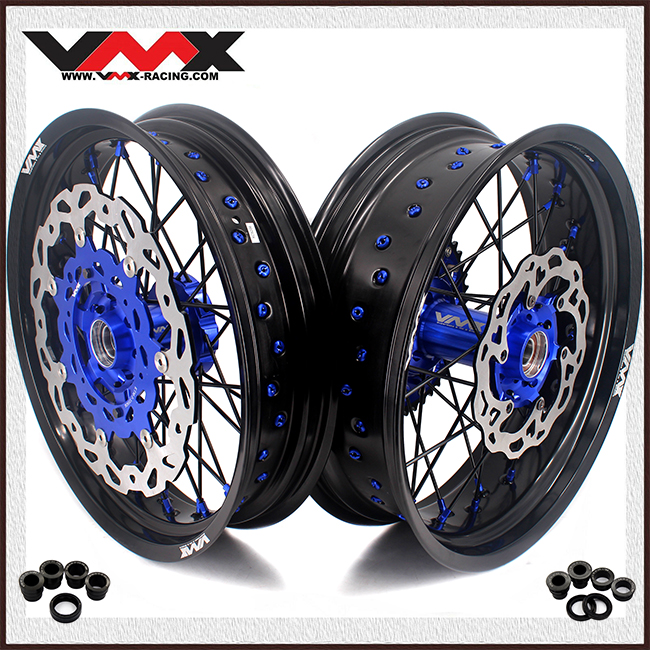 Fit KTM SXF EXC 2003-2026 -- VMX 3.5/5.0 Motorcycle Supermoto Wheels Rims CNC Hubs Blue Nipples Black Spokes with Discs