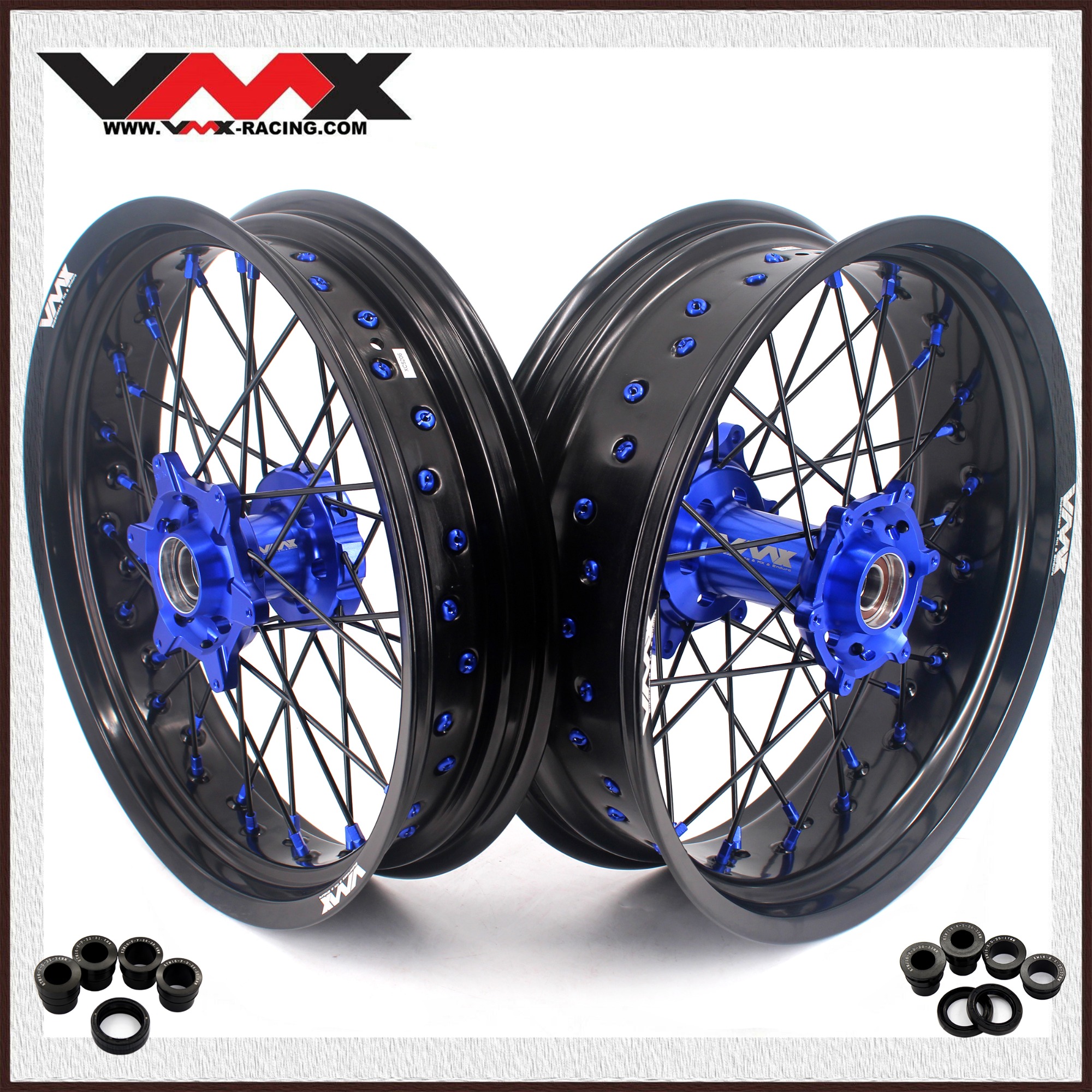 Fit KTM SXF EXC 2003-2026 -- VMX 3.5/5.0 Motorcycle Supermoto Wheels Blue Nuts Black Spokes CNC Hubs with Discs