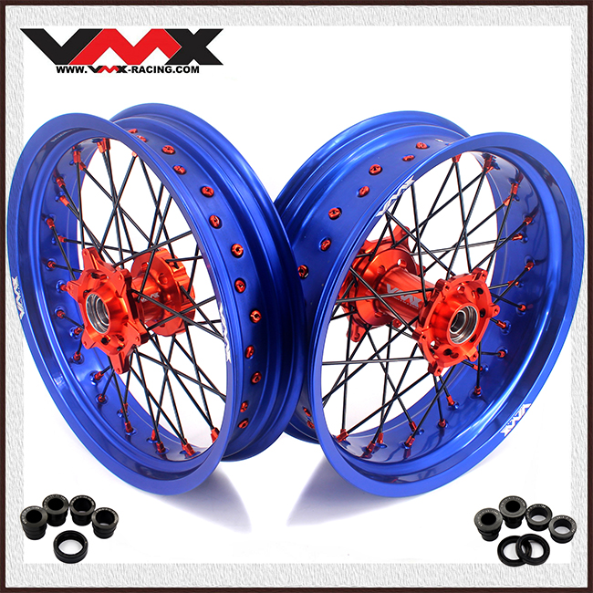 fit KTM SXF EXC XCW XC-F 2003-2026 -- VMX 3.5/5.0 Supermoto Wheels CNC Orange Hub Blue Rims