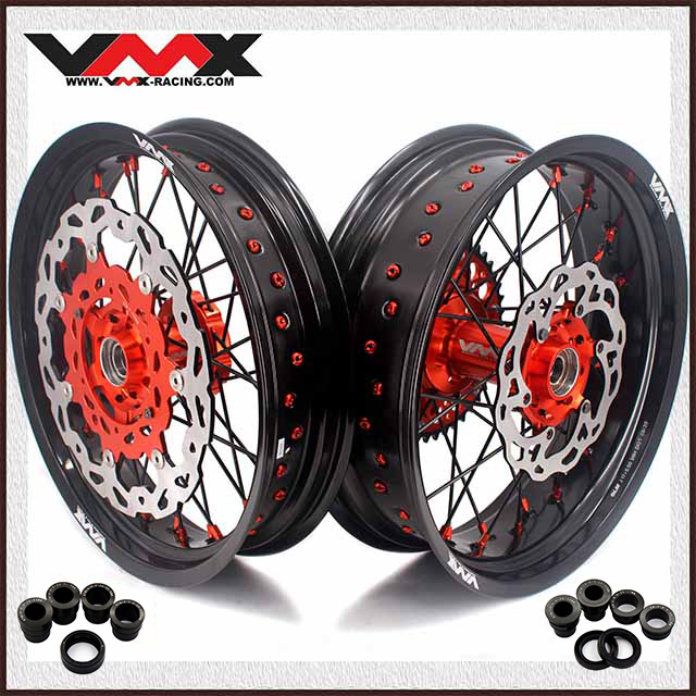 Fit KTM SX-F EXC XC 250 500 2003 -2026 -- VMX 3.5/5.0 Motorcycle Supermoto Wheels Set CNC Orange Hubs Black Spokes with Discs
