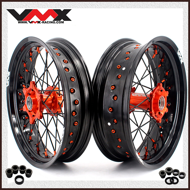 Fit KTM SX-F EXC XC 250 500 2003 -2026 -- VMX 3.5/5.0 Motorcycle Supermoto Wheels Set CNC Orange Hubs Black Spokes