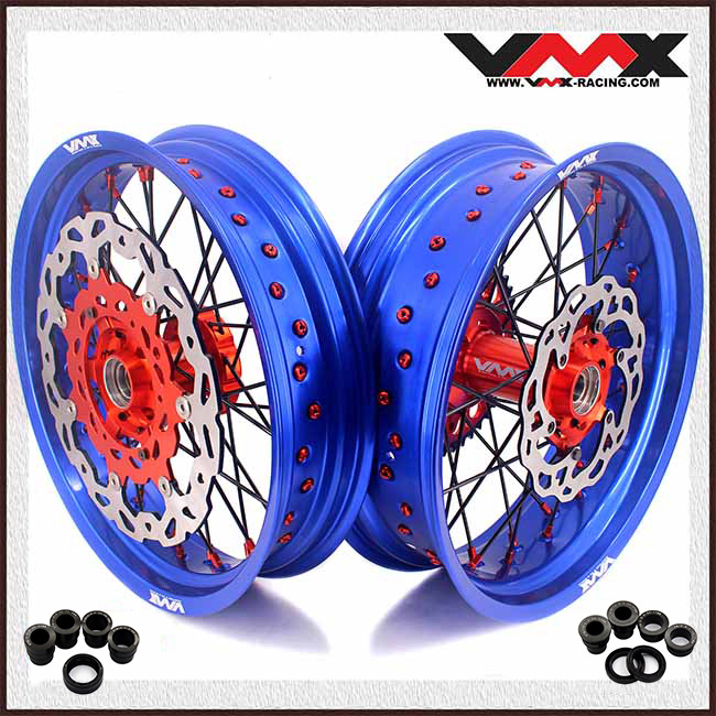 fit KTM SXF EXC XCW XC-F 2003-2026 -- VMX 3.5/5.0 Supermoto Wheels CNC Orange Hub Blue Rims with Discs