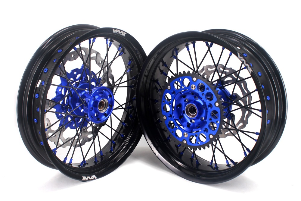 VMX 3.5/5.0 Motorcycle Supermoto Wheel Disc Fit YAMAHA WR250F WR450F Blue Nipple Black Spoke