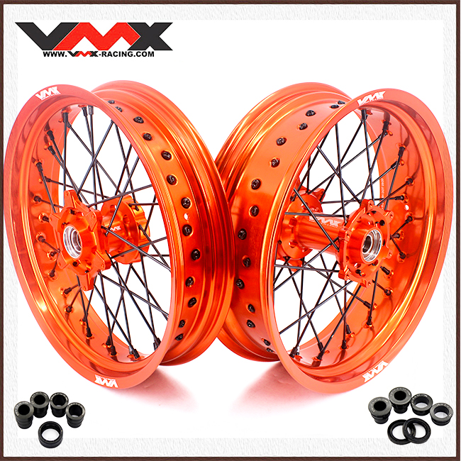 Wheels for KTM EXC SXF XCF 2003-2026 -- VMX 3.5/5.0 Supermoto Wheels Set, Orange Rims /Black Spokes CNC Hubs