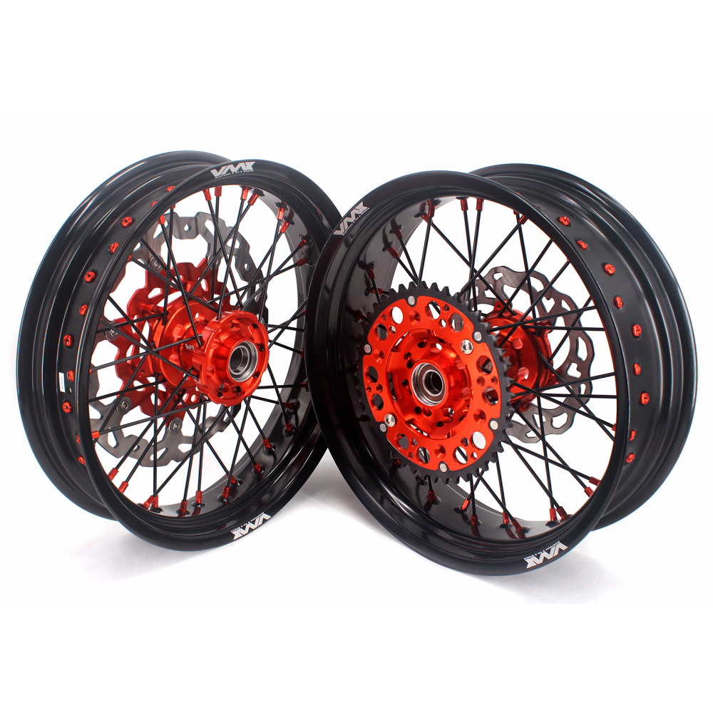 VMX 3.5/5.0 Motorcycle Supermoto Wheel Rim Set Fit KTM SX-F EXC XC 250 500 Orange Nipple Black Spoke