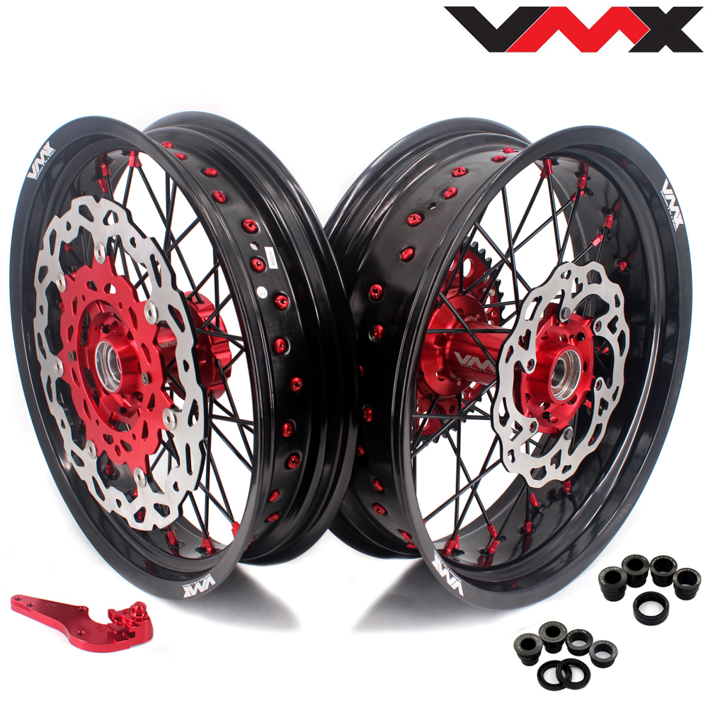 VMX 3.5/5.0 Supermoto Motard Wheels Set Compatible with Stark Varg Red Hub Black Spokes