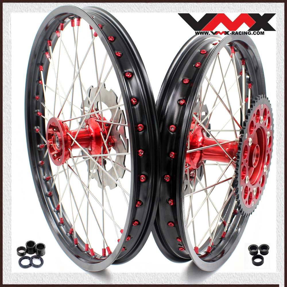 21/19 Cast Wheels fit CRF250R 04-13 CRF450R 02-12 -- VMX Off-Road Dirt Bike Wheels for HONDA Red Hubs, Discs