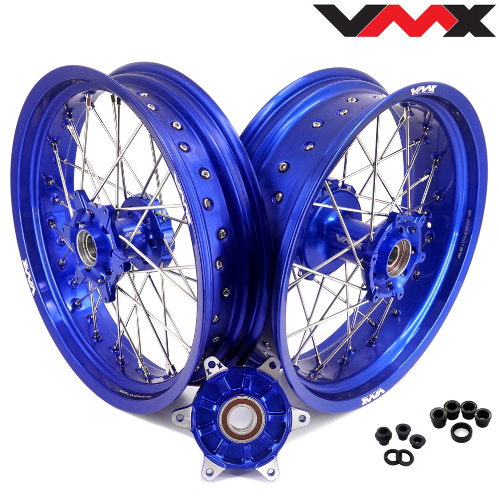 Pre-Order Blue Wheels fit Husqvarna 701 Enduro 2016 - 2024 /KTM690 ENDURO R  /KTM 690 SMC -- VMX 3.5/5.0 Supermoto Blue Rims Cush Drive CNC Blue Hubs
