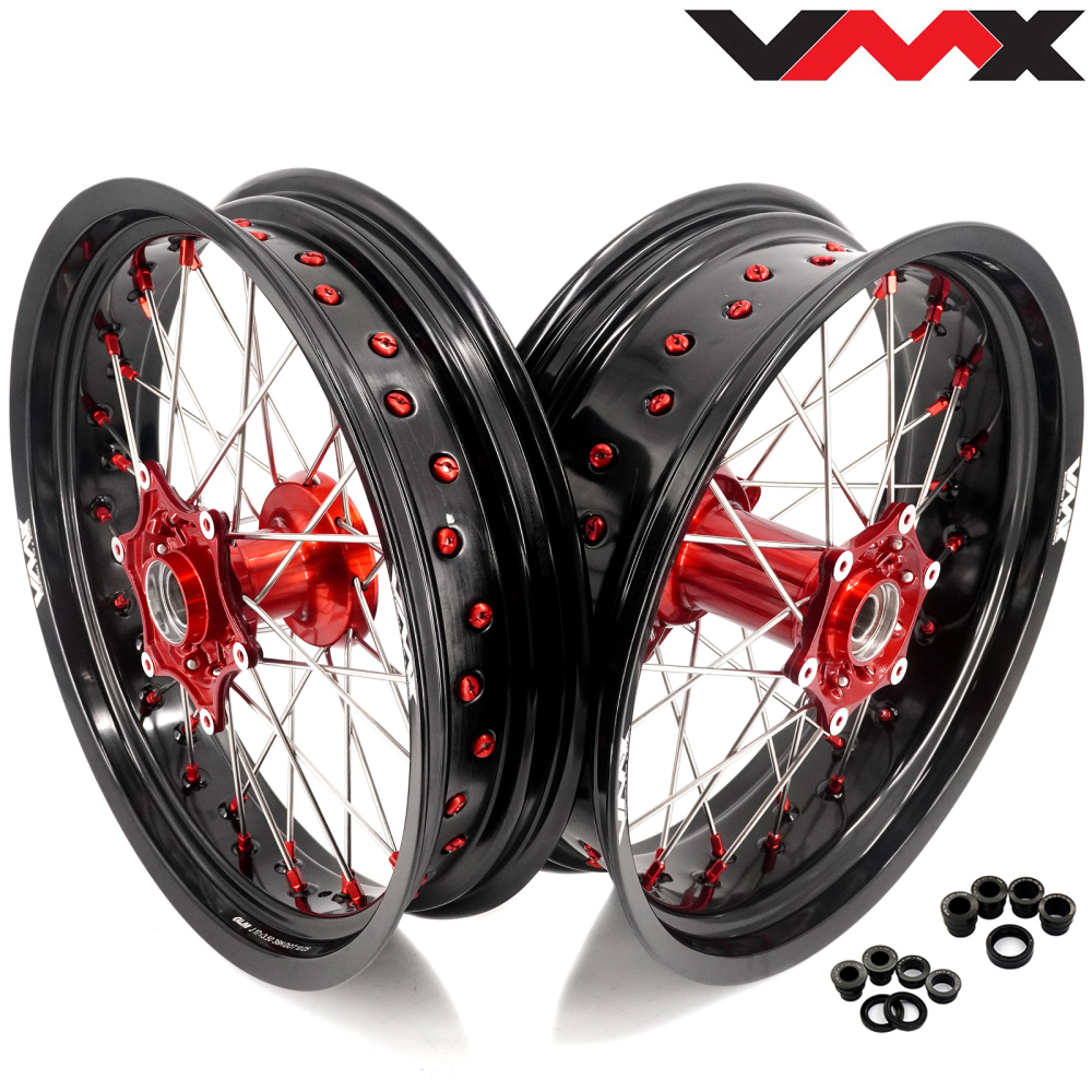 Pre-Order Wheels (Cast Red Hub) fit KTM SXF EXC XCW XC-F 2003-2026 -- VMX 3.5/5.0 Supermoto Wheels CST Tires Set Red Nuts