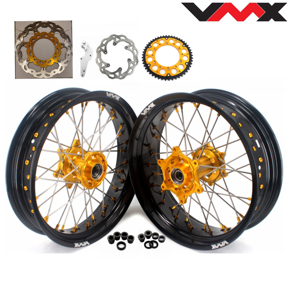 Wheels for Stark Varg -- VMX 3.5/5.0 Supermoto Complete Rims Set CNC Gold Hub & Gold Nuts with Discs