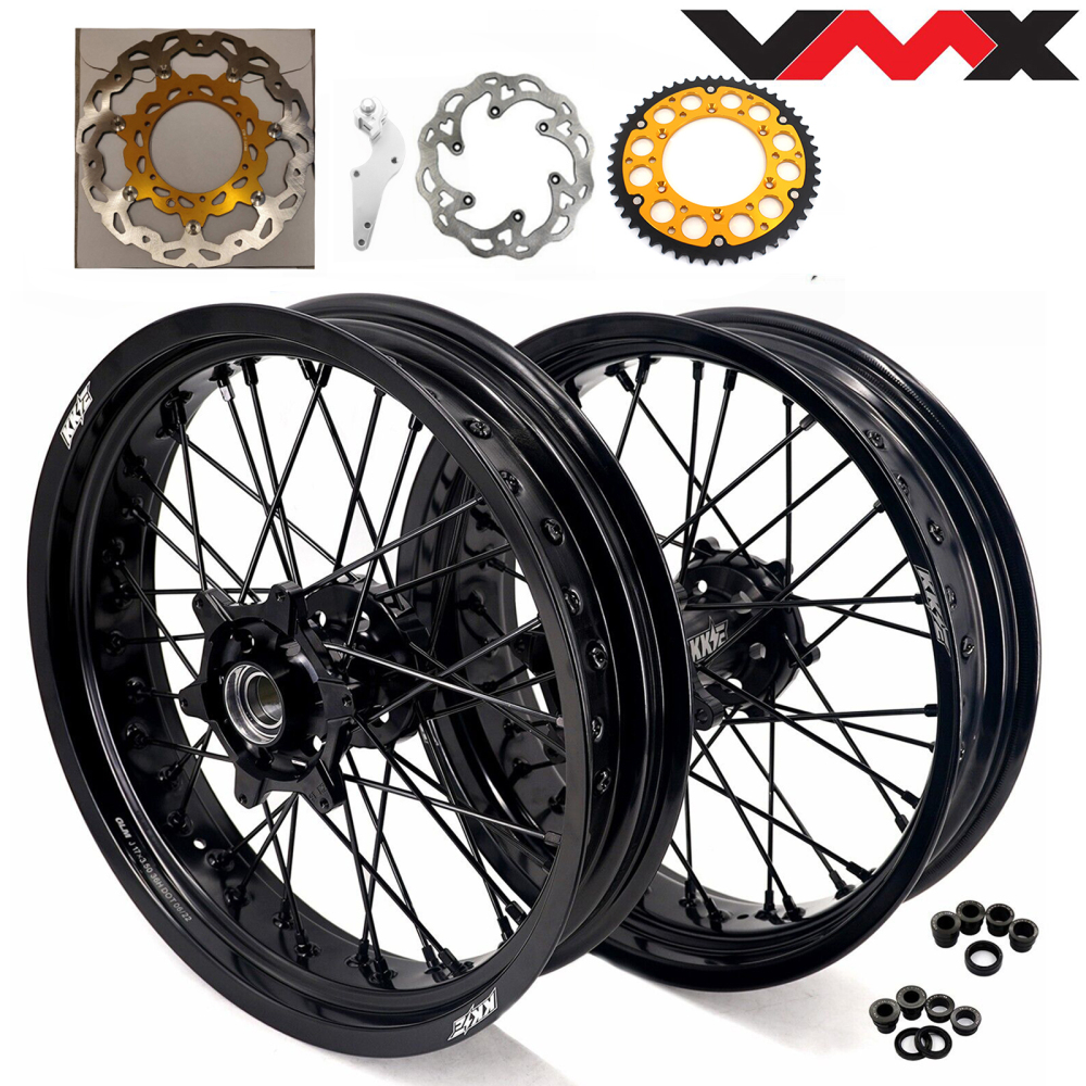 Black Wheels Compatible with KTM EXC SXF XCF 125cc-530cc VMX 3.5/5.0 Supermoto Complete Rims Set CNC Black Hubs with Discs