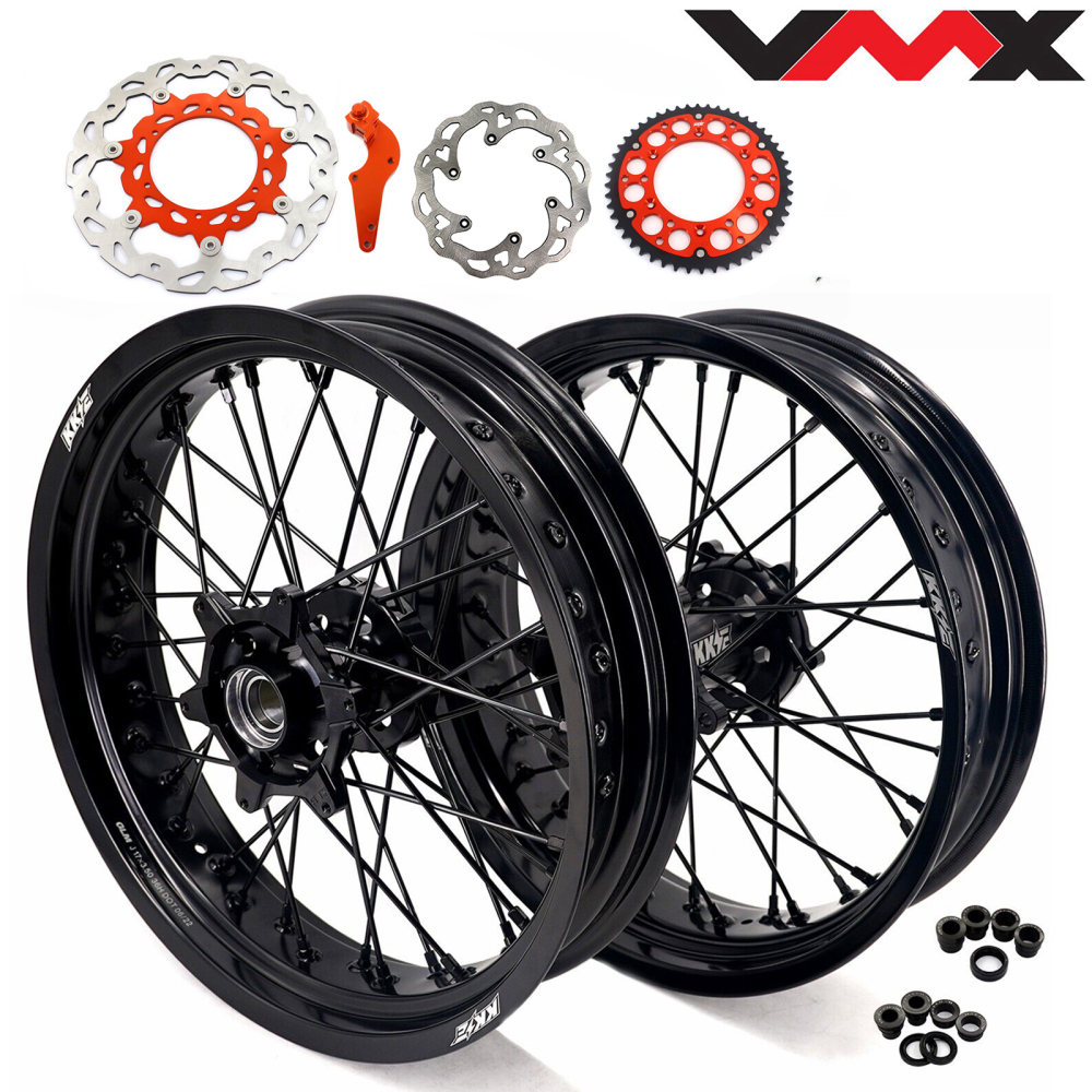 Black Wheels Compatible with KTM EXC SXF XCF 125cc-530cc VMX 3.5/5.0 Supermoto Complete Rims Set CNC Black Hubs with Discs