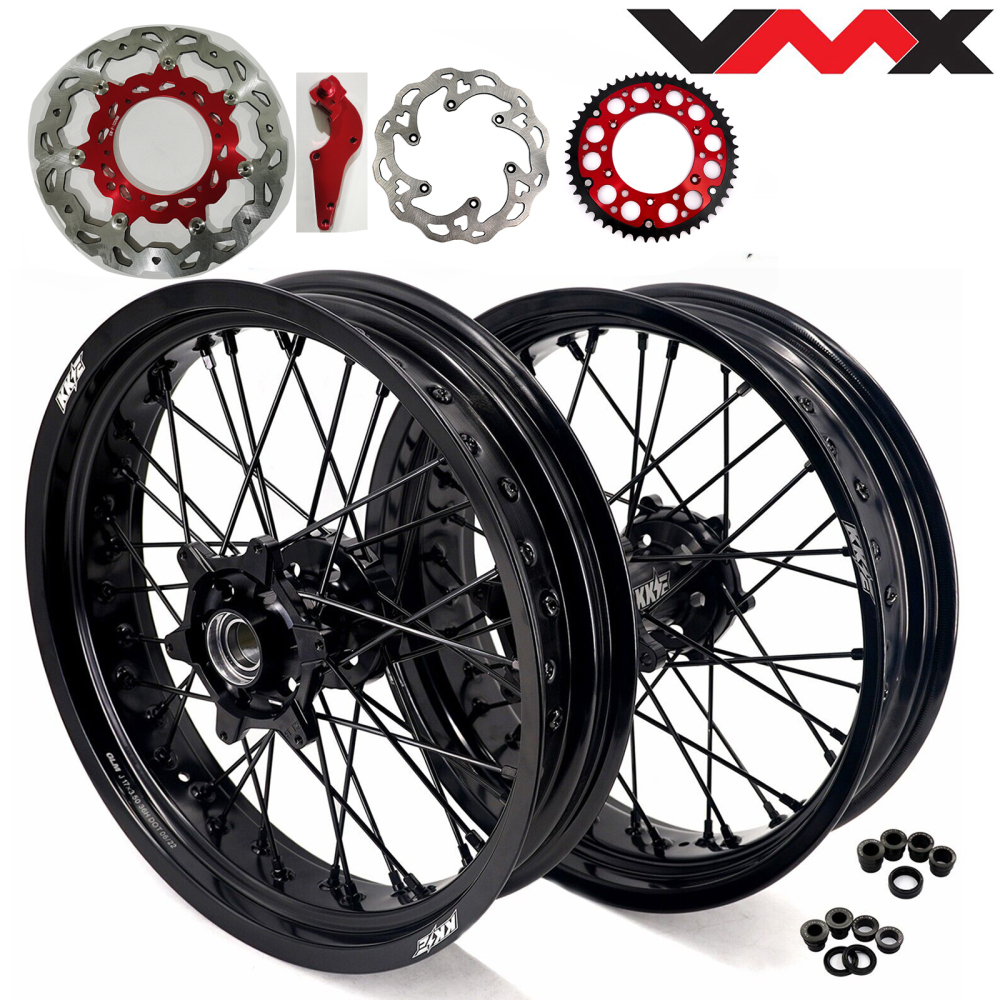 Black Wheels Compatible with KTM EXC SXF XCF 125cc-530cc VMX 3.5/5.0 Supermoto Complete Rims Set CNC Black Hubs with Discs