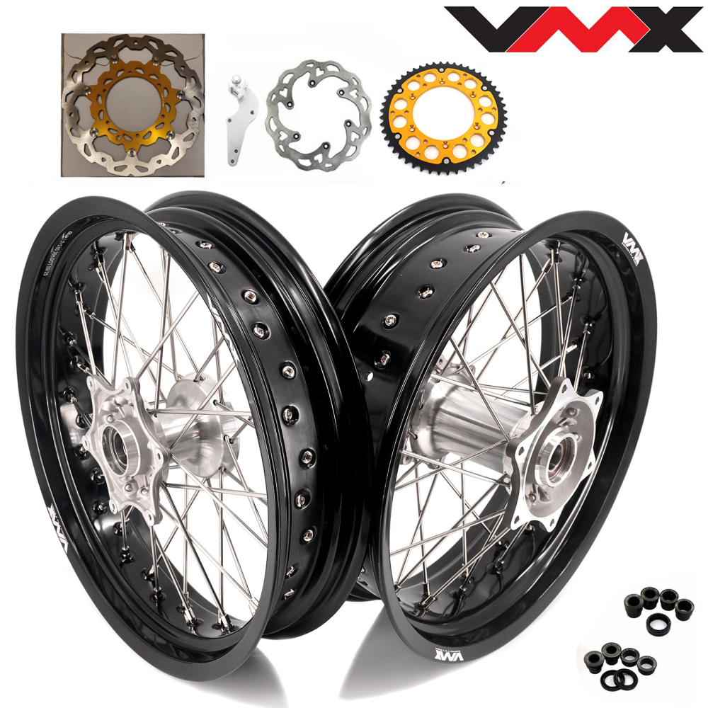 Wheels (Cast Hubs) fit KTM SX EXC XC-F XCW 2003-2026 -- VMX 3.5/5.0 Supermoto Wheels Silver Hub with Discs (Black / Blue...)