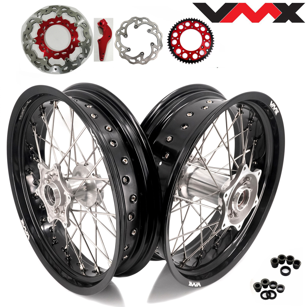 Wheels (Cast Hubs) fit KTM SX EXC XC-F XCW 2003-2026 -- VMX 3.5/5.0 Supermoto Wheels Silver Hub with Discs (Black / Blue...)