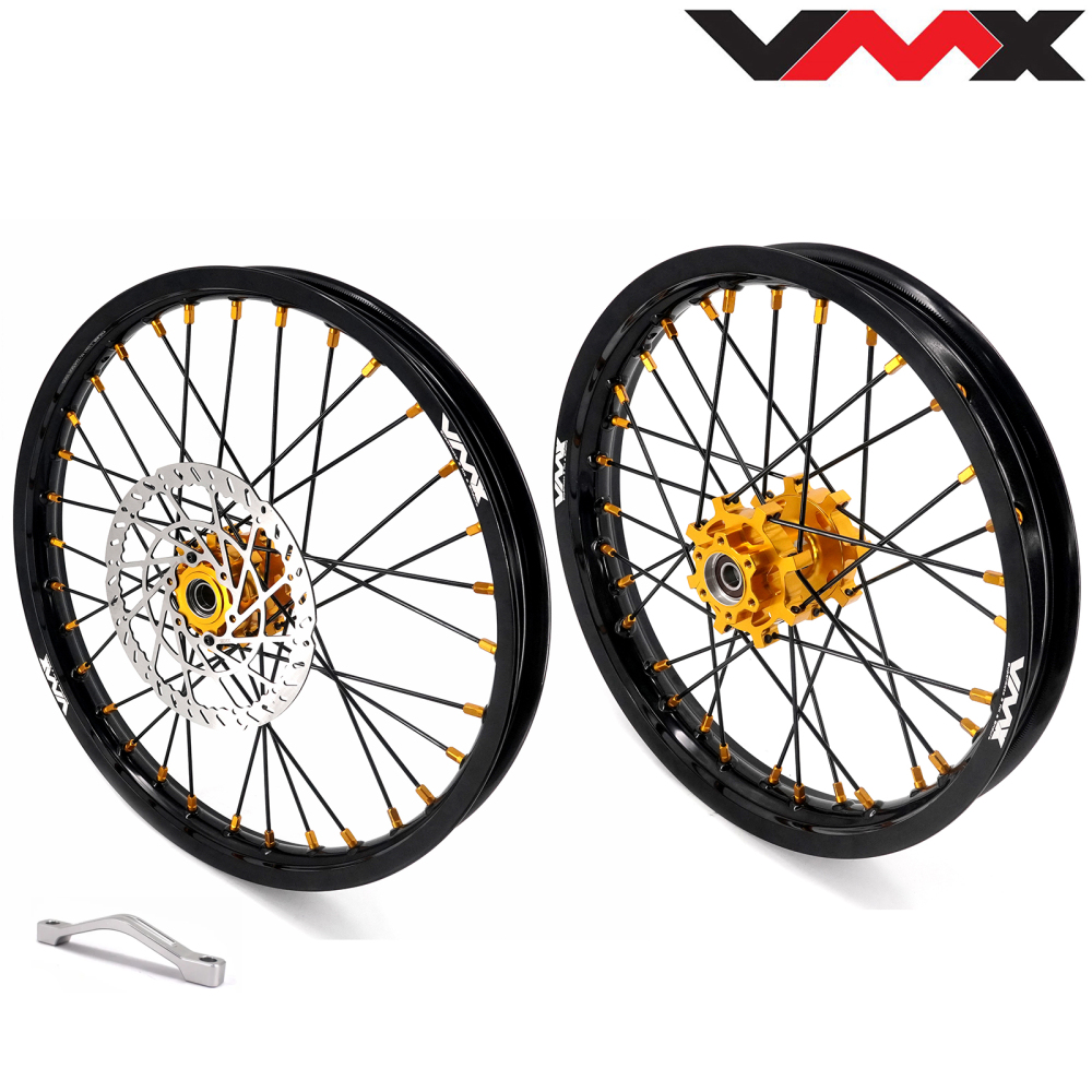 VMX 19/16 Rims fit Light Bee 2019 -2025 -- VMX Electric Dirt Bike Wheels for Surron CNC Gold Hubs New Style with a Front Disc and an Adapter