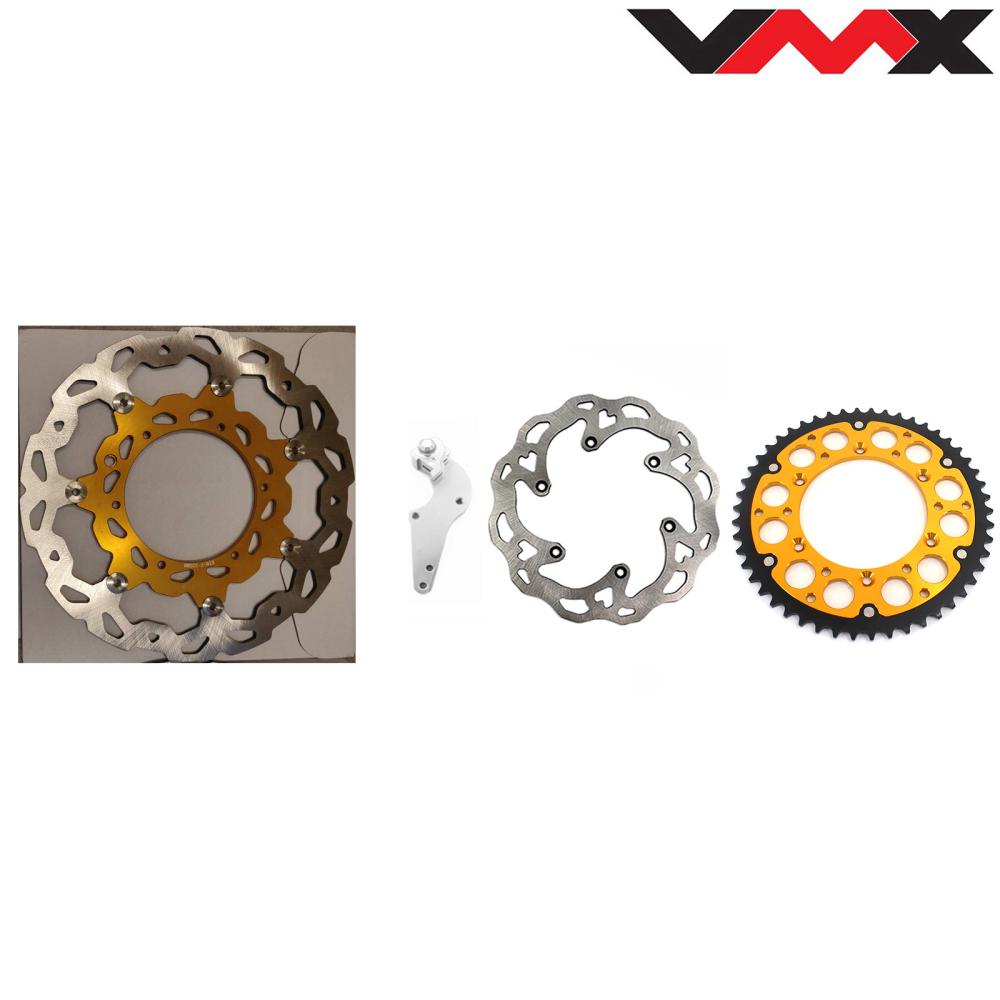 VMX Front and Rear Brake Disc, Rotors with Adapter, 44T Sprocket Compatible with KTM New Models / Stark Varg 69mm Gold