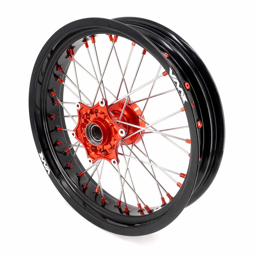 Wheels (Cast Hub) fit KTM SXF EXC XCW XC-F 2003-2026 -- VMX 3.5/5.0 Supermoto Wheels Set Orange Nuts