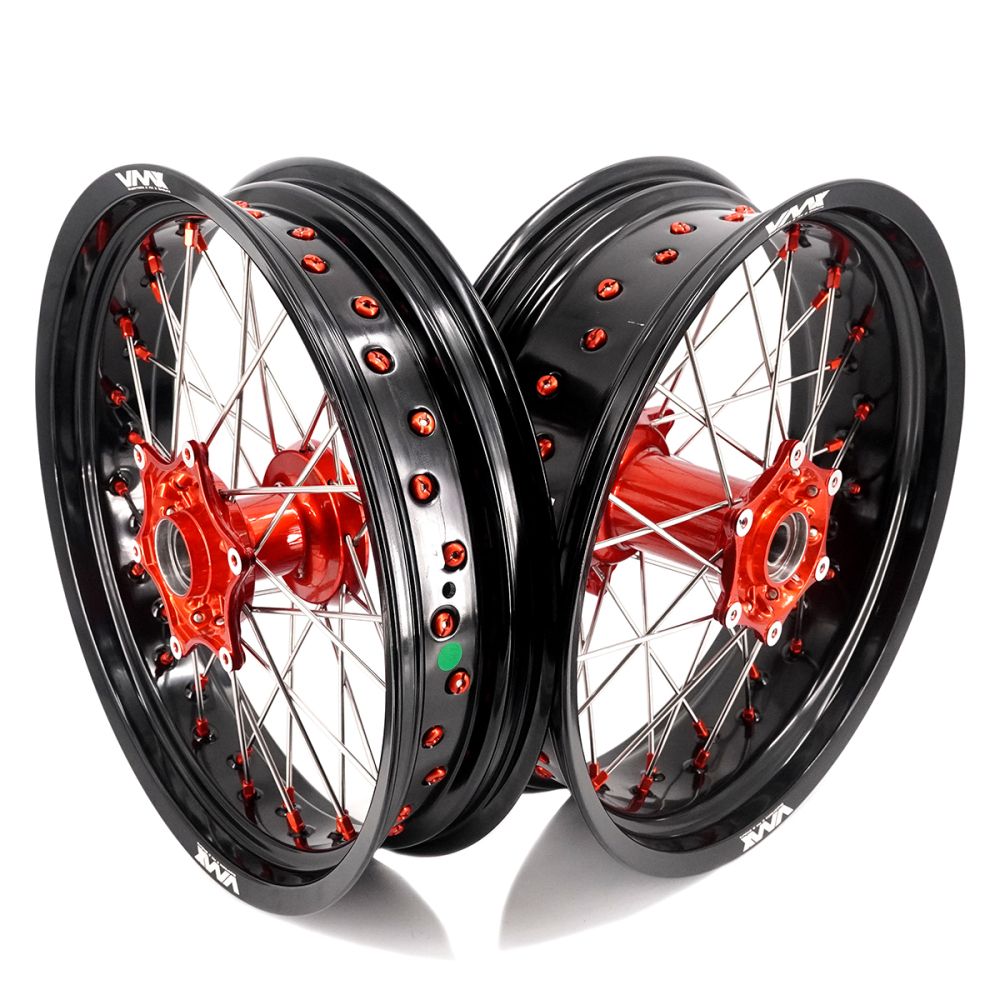 Wheels (Cast Hubs) for KTM SXF EXC XC-F 125-530cc 2003-2026 -- VMX 3.5/5.0 Motorcycle Supermoto Wheels Orange Nipple with Discs