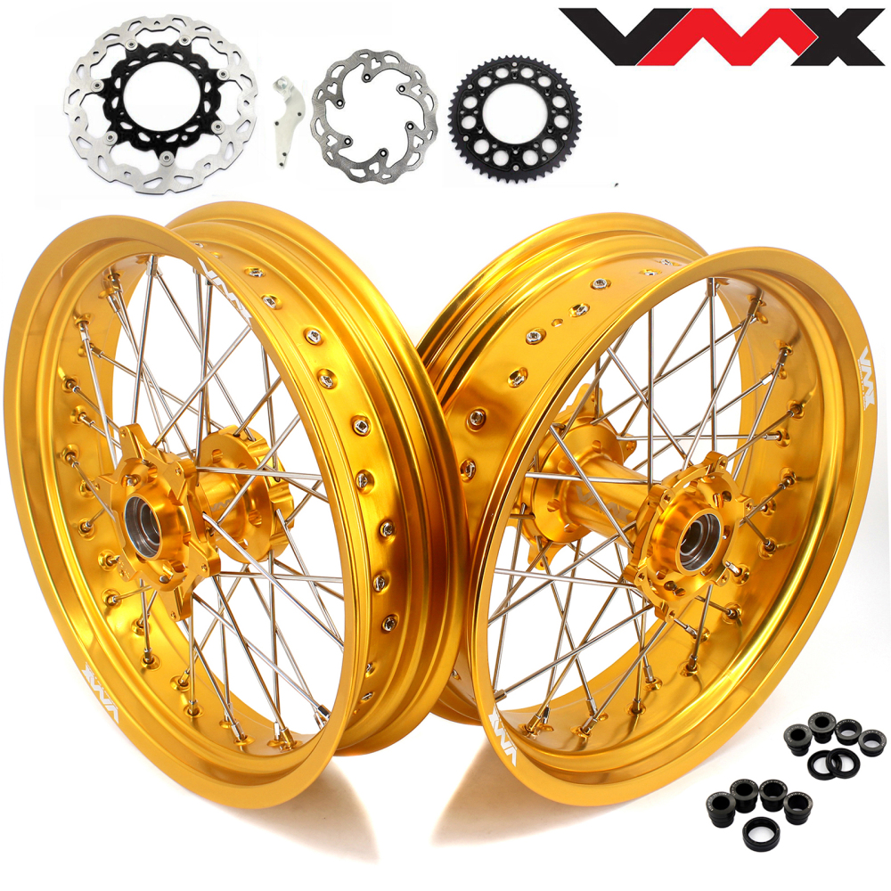 Compatible with Stark Varg All Models--VMX 3.5/5.0 Complete Motorcycle Supermoto Wheels Set CNC Gold Hubs Gold Rims with 320mm Disc, Rear Disc and a Sprocket