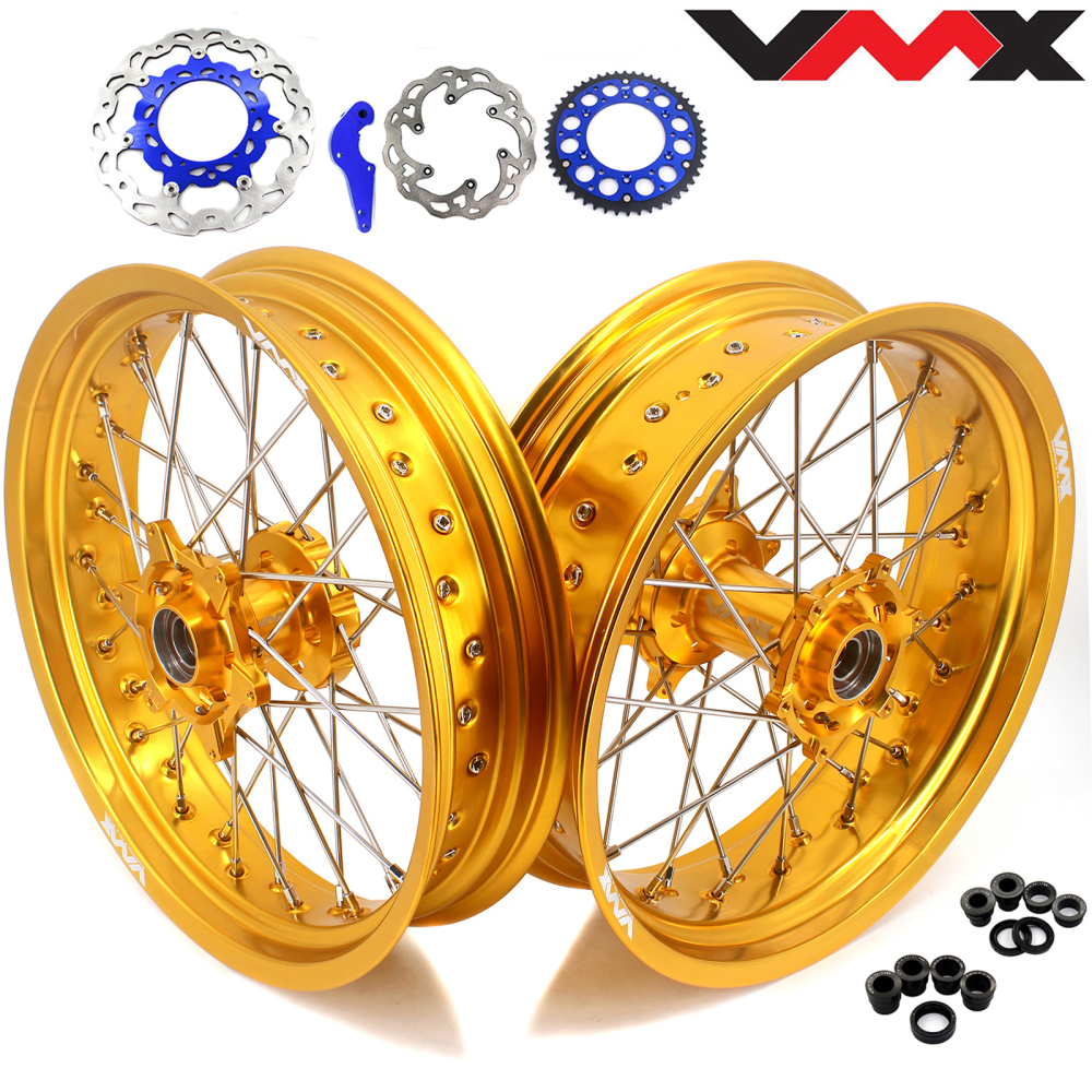 Compatible with Stark Varg All Models--VMX 3.5/5.0 Complete Motorcycle Supermoto Wheels Set CNC Gold Hubs Gold Rims with 320mm Disc, Rear Disc and a Sprocket
