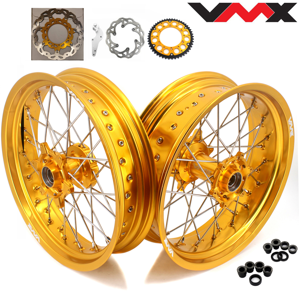 Compatible with Stark Varg All Models--VMX 3.5/5.0 Complete Motorcycle Supermoto Wheels Set CNC Gold Hubs Gold Rims with 320mm Disc, Rear Disc and a Sprocket