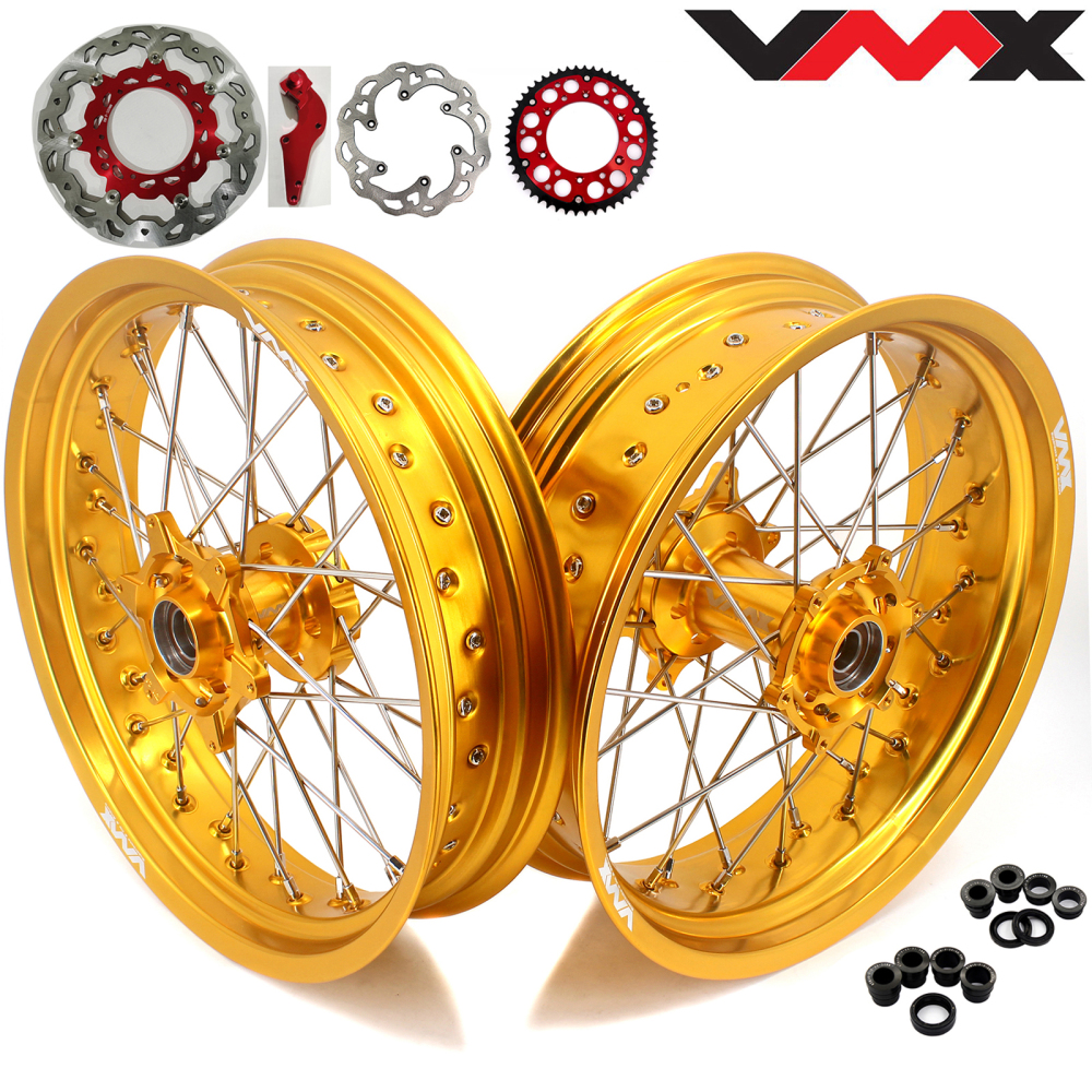Compatible with Stark Varg All Models--VMX 3.5/5.0 Complete Motorcycle Supermoto Wheels Set CNC Gold Hubs Gold Rims with 320mm Disc, Rear Disc and a Sprocket