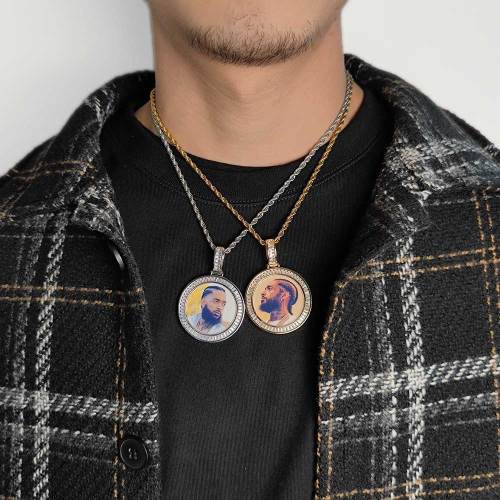 Custom 40mm Iced Diamond Baguette CZ Photo Pendant Necklace