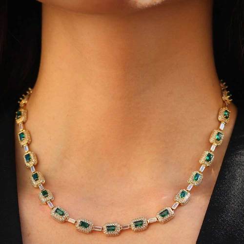 7mm Iced Emerald Cushion Cut Diamond Tennis Chain Necklace