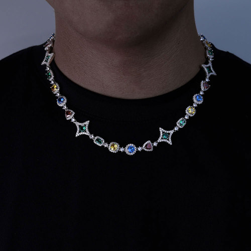 Multicolor Gemstone CZ Stone Cuban Link Chain Necklace