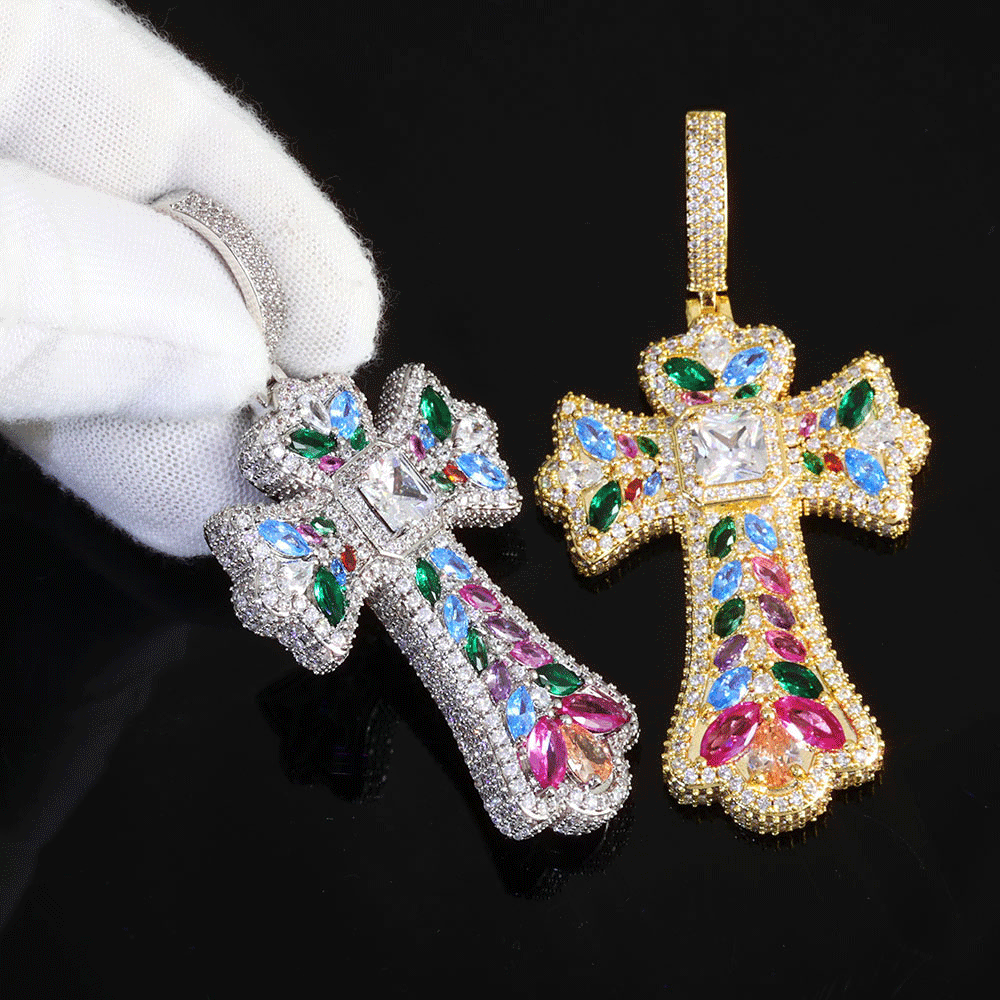 Colorful Cross Pendant Large Baguette CZ Charm Pendant