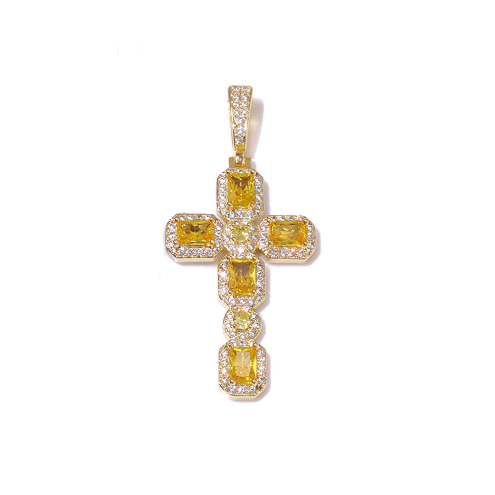 Yellow Baguette Gemstone Cross Pendant Hip Hop Jewelry