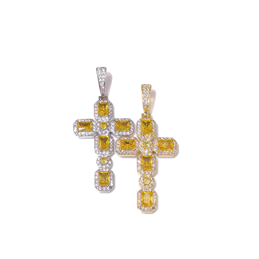 Yellow Baguette Gemstone Cross Pendant Hip Hop Jewelry