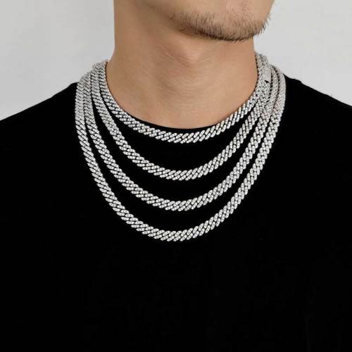 8mm white gold zircon Cuban link necklace on neck