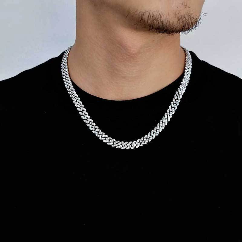 8mm 18K gold zircon Cuban link necklace on neck