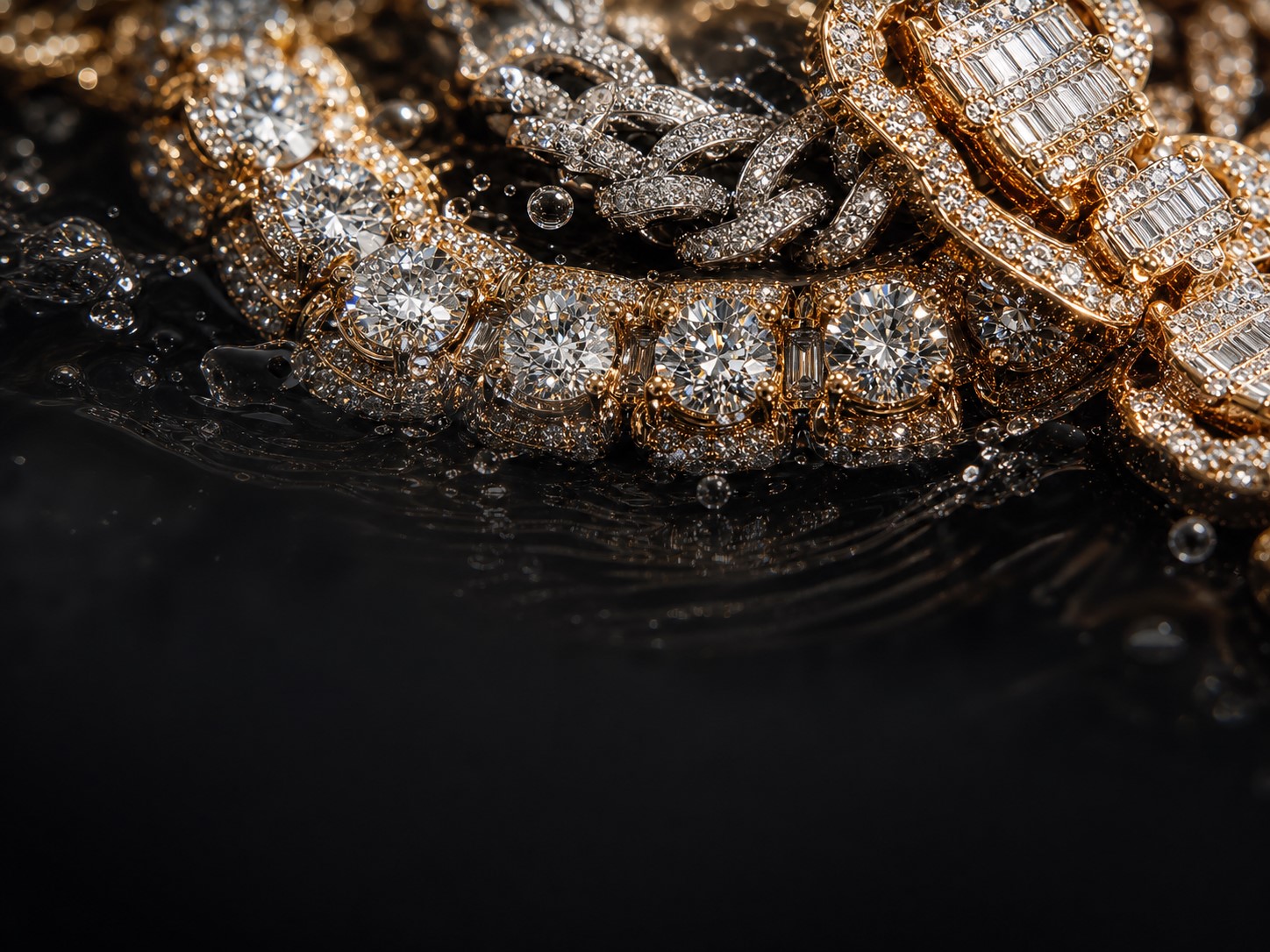 Water-ready iced jewelry with droplets showing durable everyday shine